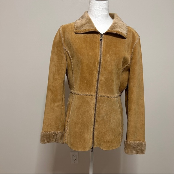 Y2K Guess Suede Jacket Women's Medium Faux Shearling Lace Trim Vintage 90's - Picture 1 of 16